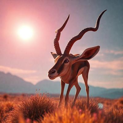 The primary subject of the image is a large, horned animal, possibly a goat or a gazelle, standing in a field with tall grass. The setting is a sunny day, and the visual style appears to be a digital art or illustration. The colors in the image are predominantly warm and earthy tones, creating a natural and serene atmosphere.